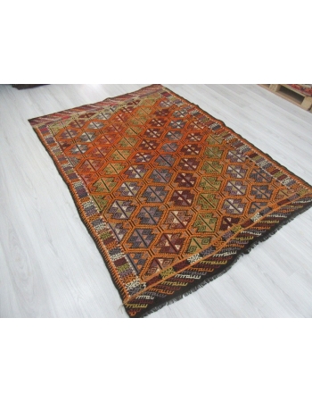 Embroidered vintage Turkish kilim rug