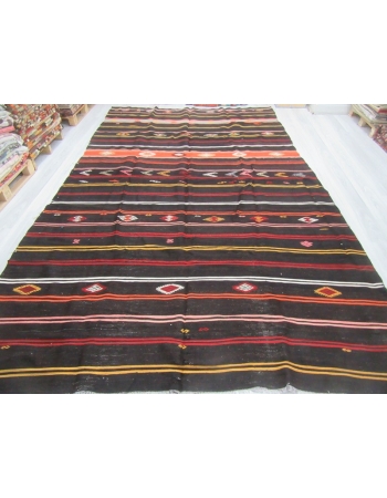 Vintage black striped large Turkish kilim rug