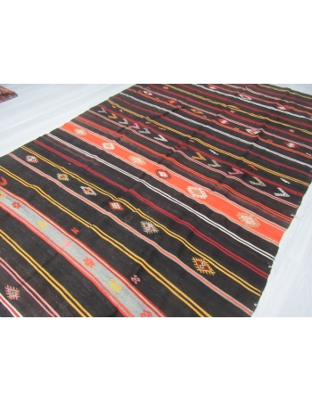 Vintage black striped large Turkish kilim rug