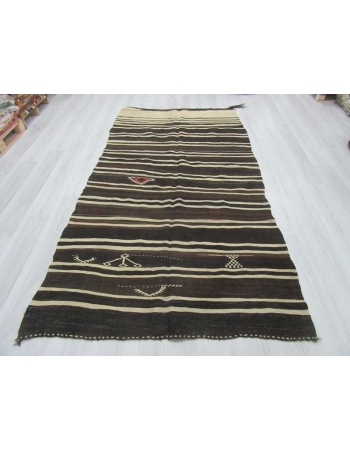 Black Brown White striped vintage kilim rug