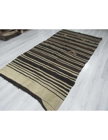 Black Brown White striped vintage kilim rug