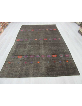 Vintage black embroidered kilim rug