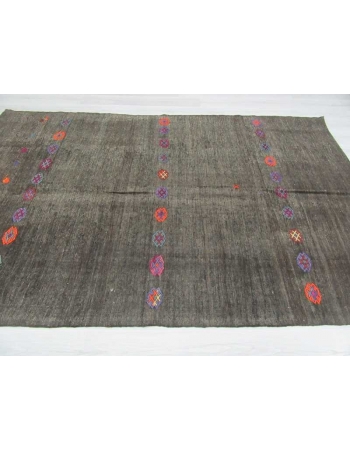 Vintage black embroidered kilim rug
