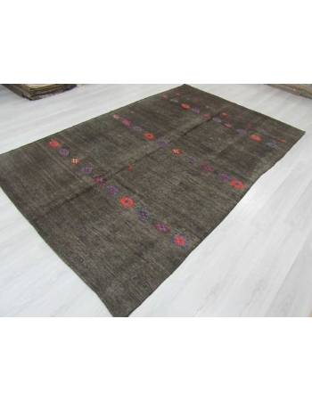 Vintage black embroidered kilim rug