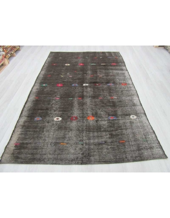 Vintage embroidered black kilim rug