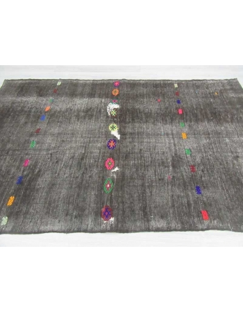 Embroidered vintage black kilim rug
