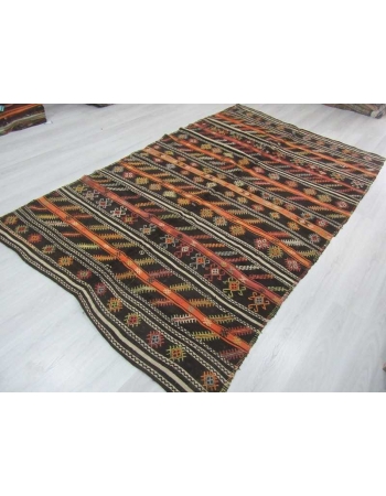 Embroidered vintage Turkish goat hair kilim rug