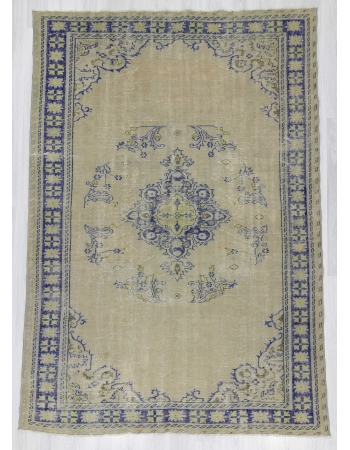 Vintage beige navy blue Turkish Oushak rug