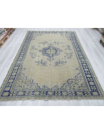 Vintage beige navy blue Turkish Oushak rug