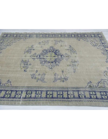 Vintage beige navy blue Turkish Oushak rug