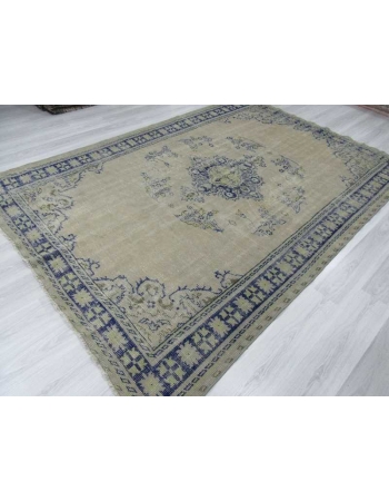 Vintage beige navy blue Turkish Oushak rug