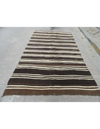 Brown Black White striped kilim rug