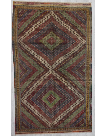 Embroidered vintage Turkish kilim rug