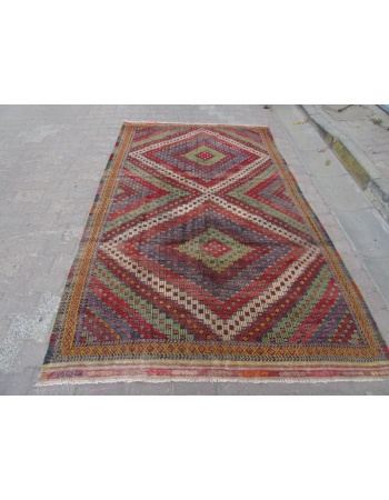 Embroidered vintage Turkish kilim rug