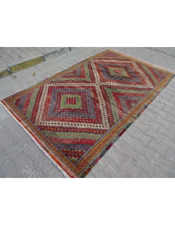 Embroidered vintage Turkish kilim rug