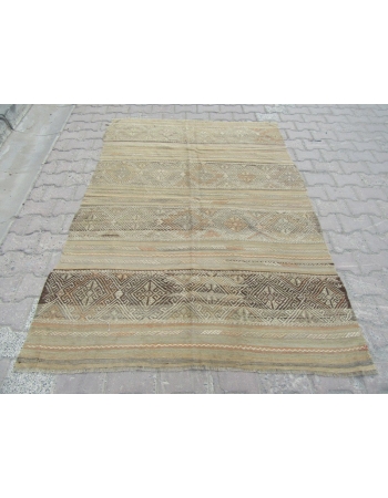 Vintage Embroidered, Vintage Modern Beige Wool Turkish Denizli Kilim Rug