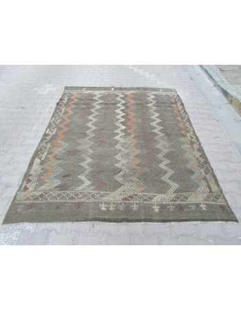 Vintage Embroidered,Vintage modern Brown Turkish Denizli Kilim Rug