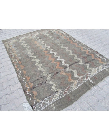 Vintage Embroidered,Vintage modern Brown Turkish Denizli Kilim Rug