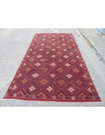 Vintage Embroidered Burgundy Kilim Rug