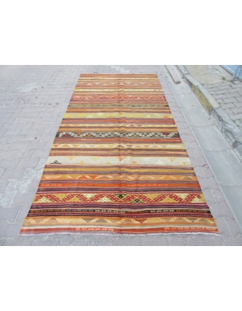 Embroidered Vintage Striped Kilim Rug