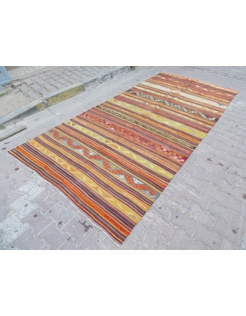 Embroidered Vintage Striped Kilim Rug