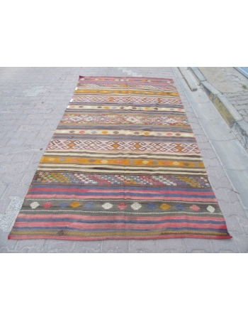 Embroidered Vintage Striped Kilim Rug