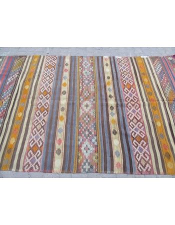 Embroidered Vintage Striped Kilim Rug