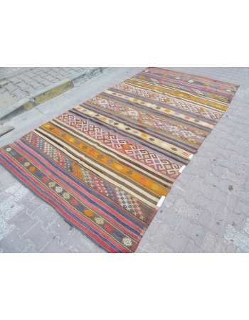 Embroidered Vintage Striped Kilim Rug