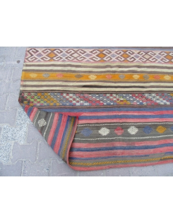 Embroidered Vintage Striped Kilim Rug