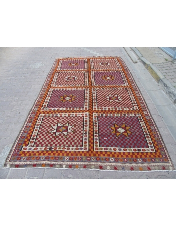 Large Vintage Embroidered Turkish Kilim Rug