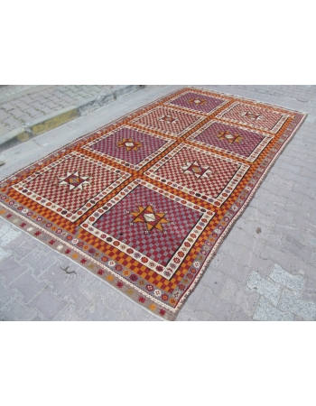 Large Vintage Embroidered Turkish Kilim Rug