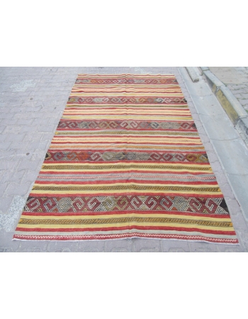 Striped Vintage Embroidered Turkish Kilim Rug