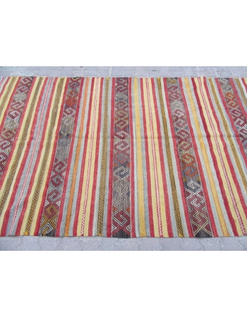 Striped Vintage Embroidered Turkish Kilim Rug