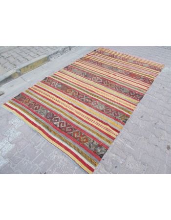 Striped Vintage Embroidered Turkish Kilim Rug