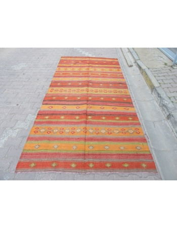 Vintage Orange / Red Striped Embroidered Kilim