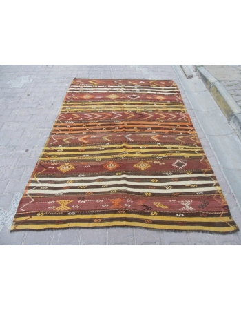 Striped Vintage Embroidered Turkish Kilim Rug