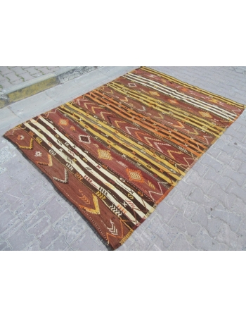 Striped Vintage Embroidered Turkish Kilim Rug