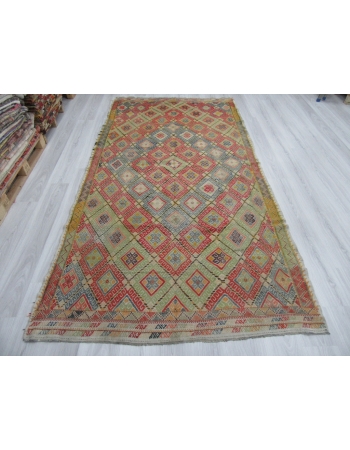 Embroidered Vintage Unique Turkish Kilim Rug