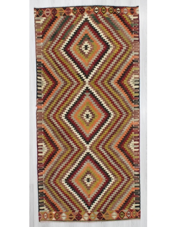 Vintage Colorful ZigZag Designed Turkish Kilim Rug