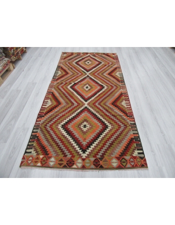 Vintage Colorful ZigZag Designed Turkish Kilim Rug