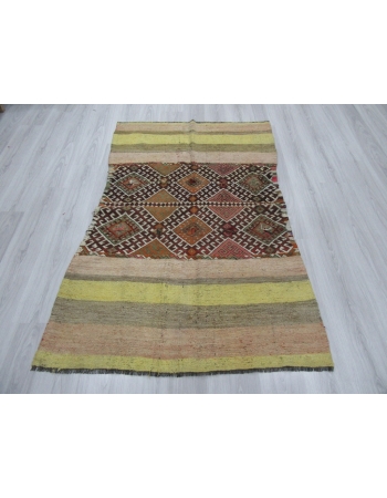 Yellow Striped Vintage Unique Kilim Rug