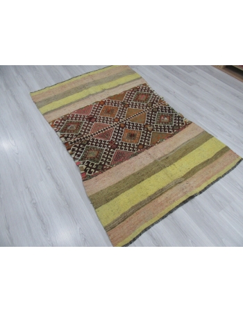 Yellow Striped Vintage Unique Kilim Rug