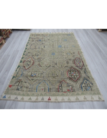 Washed Out Vintage Embroidered Turkish Kilim Rug