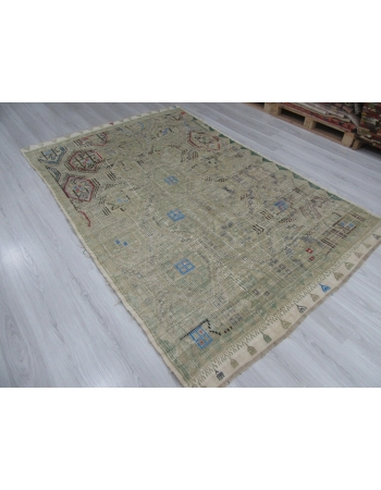 Washed Out Vintage Embroidered Turkish Kilim Rug