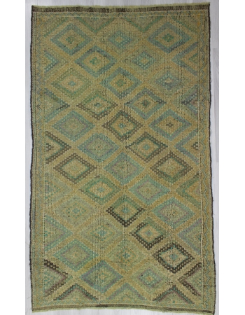 Vintage Green Embroidered Turkish Kilim Rug