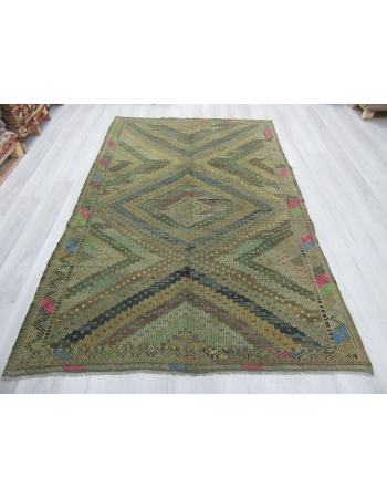 Vintage Washed Out Embroidered Turkish Kilim Rug