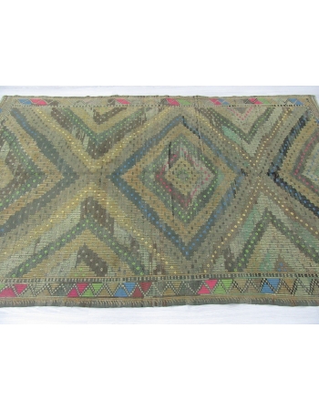 Vintage Washed Out Embroidered Turkish Kilim Rug