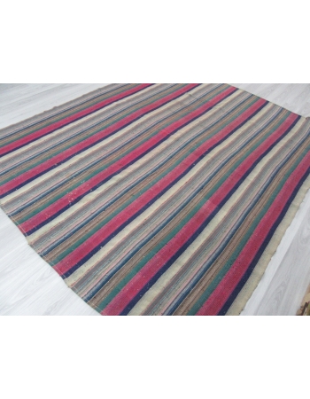 Large Pink Green Striped Turkish Kilim Rug