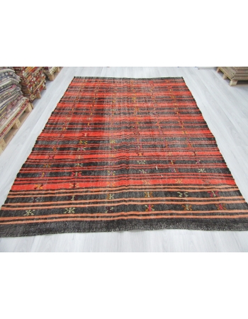 Orange Black Striped Vintage Turkish Kilim Rug