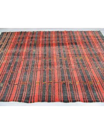 Orange Black Striped Vintage Turkish Kilim Rug